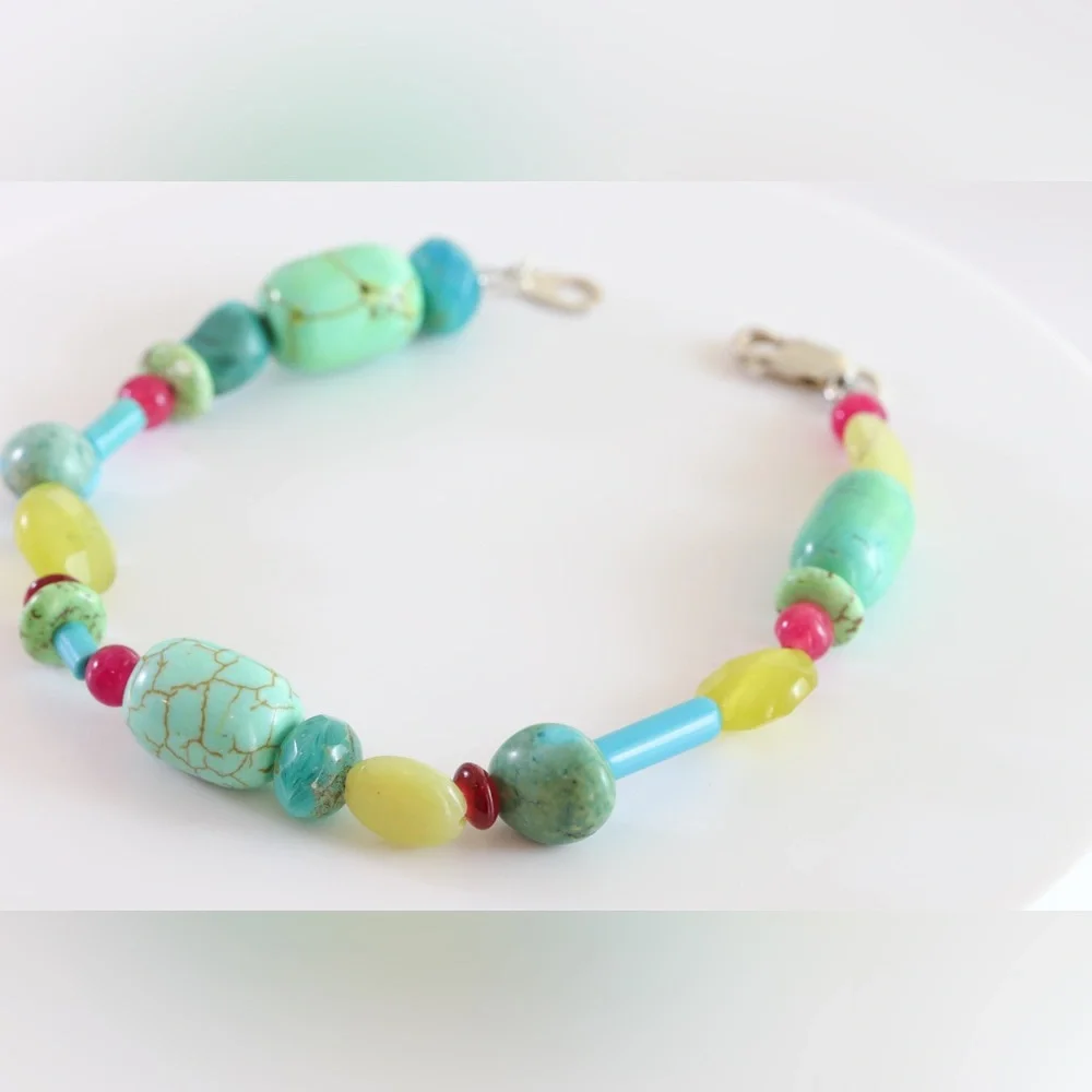 Handmade Turquoise & Aqua Gemstone Bracelet | Sterling Silver | 8”